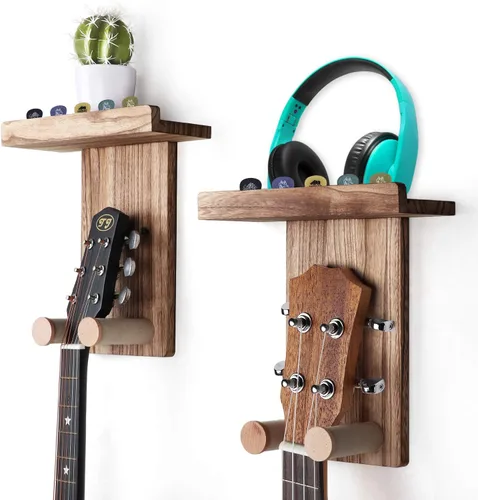 Miniatura 11 de Keebofly 2 unidades de colgador de pared para guitarra con estante de madera y soporte para púa para guitarra acústica, eléctrica, ukelele, bajo