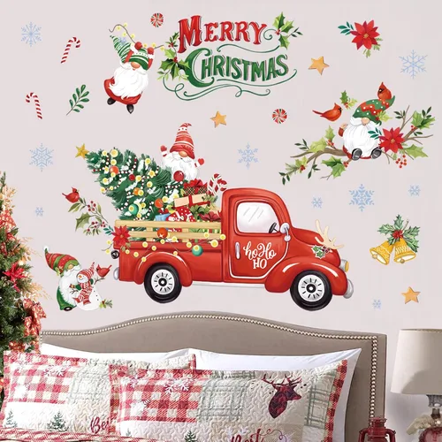 Miniatura 2 de Wondever Pegatinas de pared de camiones rojos - Gnomos, árbol de Navidad, calcomanías de arte para ventana para fiesta, decoración navideña