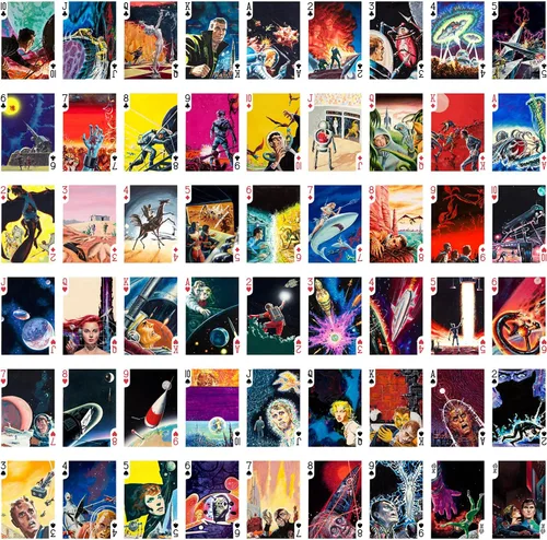 Miniatura 2 de Batallas con alienígenas jugando a las cartas (baraja de póquer 54 cartas todas diferentes) Cómic de acción espacial retro vintage de ciencia