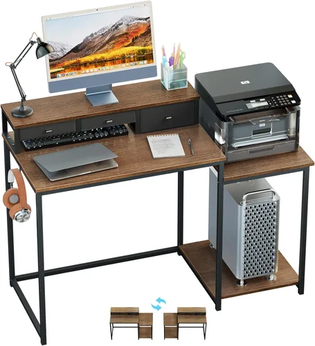 Miniatura 10 de SINPAID Escritorio para computadora de 47 pulgadas con estante para impresora, escritorio de juegos con soporte para monitor y cajones, escritorio