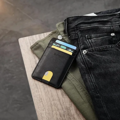 Miniatura 107 de Buffway Billetera delgada para hombre, minimalista con bolsillo frontal delgado, tarjetero de cuero con bloqueo RFID para viajes de trabajo