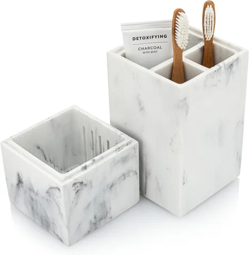 Essentra Home Soporte para cepillo de dientes con tapa, elegante organizador de baño de mármol blanco para cepillo de dientes y pasta dental –