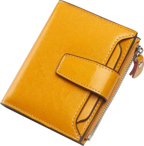 Miniatura 53 de Lavemi Pequeña cartera compacta para mujer, con bloqueo RFID, de piel auténtica, plegable, con ventanas de identificación