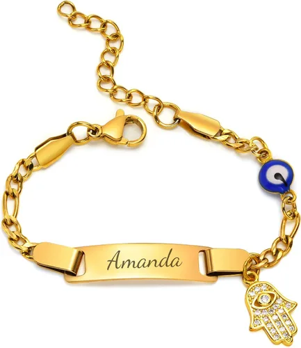 MEALGUET Pulsera personalizada de identificación para niños acero inoxidable chapado en oro de 18 quilates, placa de identificación personalizada
