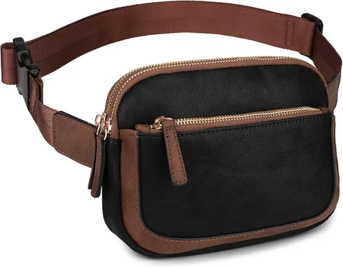 Miniatura 2 de Uromee Riñoneras para mujer Everywhere bolsa cruzada con correa ajustable de cuero vegano, negro con café, Casual