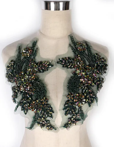 Parches de Apliques de Ropa DIY con Cuentas de Pedrería Hechos a Mano, Aplique con Cuentas para Decoración de Vestido de Novia Color Verde Oscuro AB
