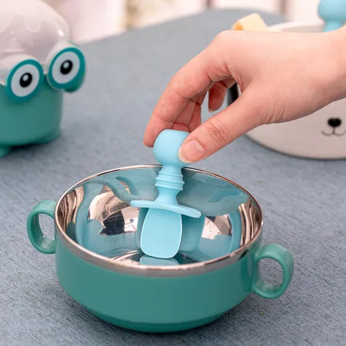 Miniatura 9 de Utensilios de silicona, juego de tenedor y cuchara para bebé, utensilios de entrenamiento, etapa de destete LED para bebés de 6 meses (azul)