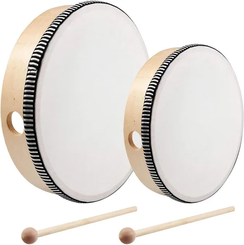 Nydotd Juego de 2 tambores de mano – Instrumentos de percusión de tambor con marco de madera de 10 pulgadas y 8 pulgadas con 2 batidores de tambor