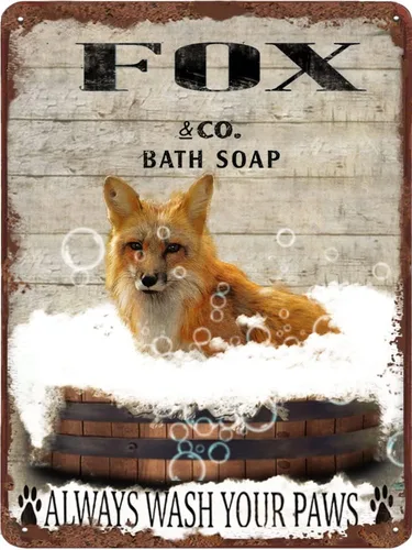 Cartel de metal divertido de zorro para baño, letrero de pared retro de zorro para inodoro con texto en inglés "Wash Your Paws", letrero de hojalata
