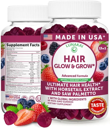 Lunakai USA Made Super Hair Gummies con biotina, zinc, extracto de cola de caballo y palma enana americana – Vitaminas para el crecimiento del