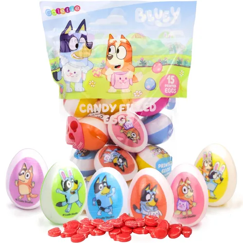 Galerie Bluey - Huevos de Pascua de plástico, bolsas de dulces duros rojos en el interior, ideales para caza de huevos, 2.47 onzas, 15 unidades