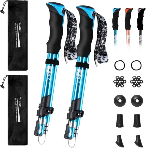 Bastones de senderismo plegables – Bastones de senderismo ligeros de aluminio de grado aeronáutico ajustables con sistema de bloqueo rápido, Azul