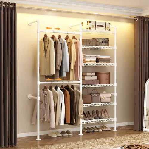 Miniatura 10 de ComfyCorner Perchero para colgar en la pared, perchero industrial de metal con 2 varillas expandibles para colgar y 6 estantes, organizadores