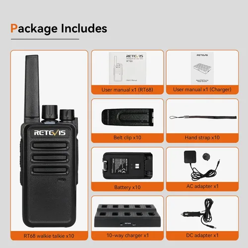 Miniatura 9 de Retevis RT68 Radio de 2 vías, Walkie Talkies de largo alcance para adultos (Paquete de 10) con cargador de 10 vías, carga más fácil y segura