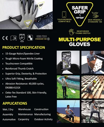 Miniatura 7 de OPNBar Guantes recubiertos de nitrilo con agarre, pantalla táctil (paquete de 2) entrepierna reforzada para el pulgar - Marca SAFERGRIP
