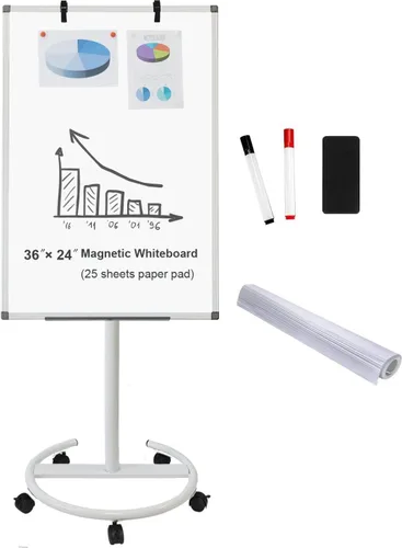 Miniatura 8 de BIBOC Pizarra blanca móvil grande de borrado en seco de 32 x 48 pulgadas con soporte rodante, pizarra blanca ajustable de altura de doble cara