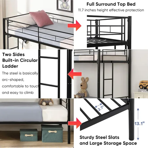 Miniatura 5 de Litera de metal individual sobre cama individual para niños, niñas, adolescentes y adultos, base de cama de tamaño individual con barandilla