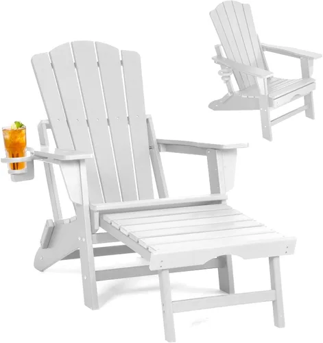 LETKIND Folding Adirondack Chair with Retractable Ottoman,All Weather Fire Pit Chairs with Cup Holder,Outdoor Chair with Ottoman,White
