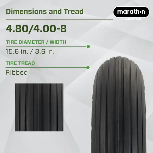 Miniatura 3 de Marathon Neumático plano sin ruedas de 4.80/4.00-8 pulgadas, cubo de 3 pulgadas, rodamientos de 3/4 pulgadas, banda de rodadura acanalada
