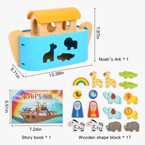 Miniatura 5 de TOOKYLAND - Juguetes del Arca de Noé para niños pequeños, juguetes clasificadores de forma de animales de madera, regalos de bautismo para niños