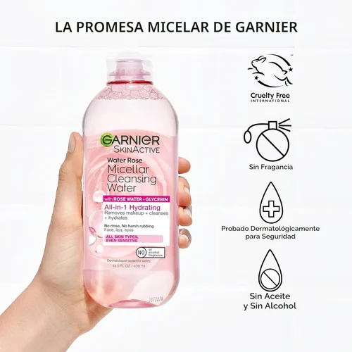 Miniatura 6 de Garnier Agua Micelar con Agua de Rosa y Glicerina, Limpiador Facial Hidratante y Removedor de Maquillaje, para Todo Tipo de Piel, Vegano, Sin
