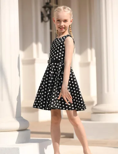 Miniatura 4 de Funnycokid Vestidos de los años 50 para niñas, vestido retro vintage, sin mangas, traje de fiesta con cinturón para niños de 6 a 13 años