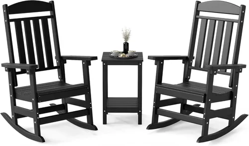 Miniatura 15 de FOOWIN Juego de sillas mecedoras de patio de 2 piezas, mecedora de porche con respaldo alto de HDPE, mecedora de porche de madera de polietileno