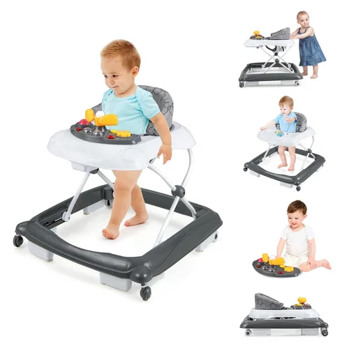 Miniatura 10 de BABY JOY Andador de bebé, caminador de actividad plegable 4 en 1 con altura ajustable, música, luces, caminador de empuje antivuelco para niños