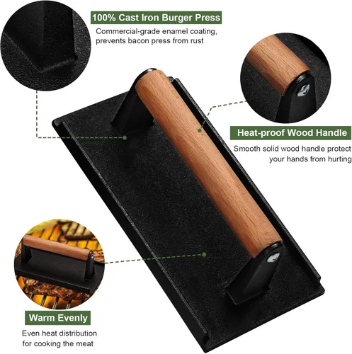 Miniatura 2 de Prensa de hamburguesas, redonda de 7" y rectangular de 8.2"X4.3", prensa de tocino para aplastar de hierro fundido resistente para carne y bistec