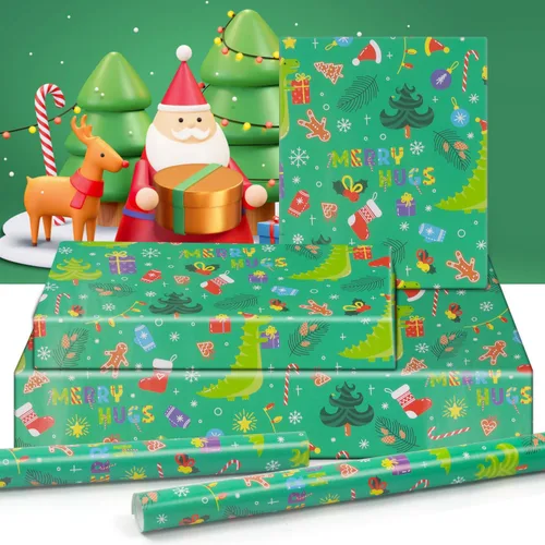 Miniatura 3 de NEPOG Papel de regalo de Navidad con sombreros de Papá Noel, 6 hojas plegadas planas de 20 x 28 pulgadas por hoja, papel de regalo de dinosaurio