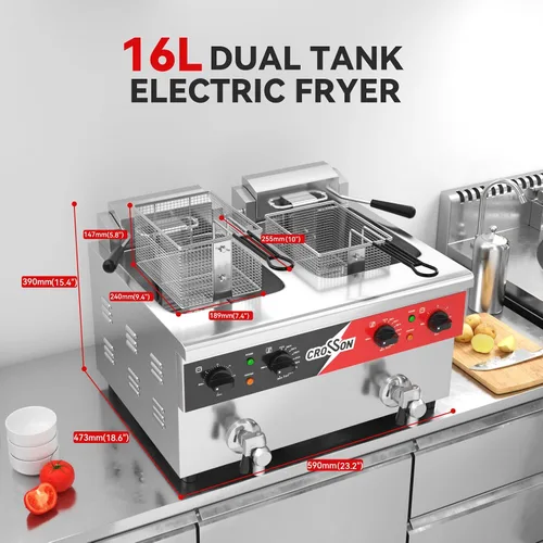 Miniatura 6 de CROSSON Freidora eléctrica de mostrador de doble tanque de 16L con "Swing-up and Hold", válvula de drenaje, tanque de aceite de formación por