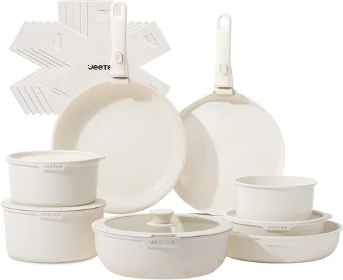 JEETEE Juego de Ollas y Sartenes Antiadherentes de 19 Piezas, Juego de Utensilios de Cocina con Mango Desmontable, Juego de Cocina para Autocaravana
