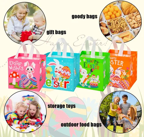 Miniatura 3 de SULOLI Bolsas de regalo de Pascua, bolsas de compras no tejidas de Pascua con asas para fiestas de vacaciones (paquete de 8), Verde, naranja, rosa