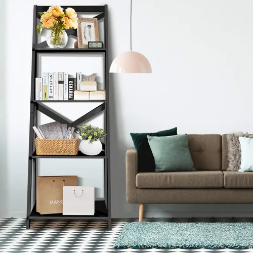 Miniatura 7 de Estantería de escalera de 4 niveles, estante de exhibición de plantas inclinadas, estantería moderna de madera para decoración de madera, estantes