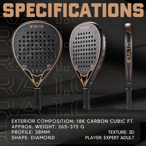 Miniatura 6 de AMA SPORT ERA 1.0 Raqueta de pádel con superficie de fibra de carbono con núcleo de espuma EVA Memory Flex Raqueta de pádel ligera de potencia y Oro