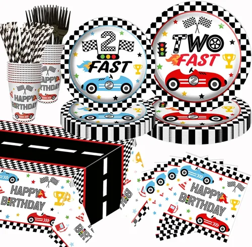 126 piezas de decoración de fiesta de segundo cumpleaños de coche de carreras, blanco y negro, dos platos de postre rápidos, servilletas, tazas,