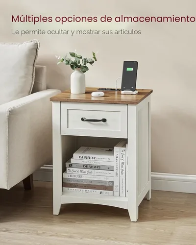 Miniatura 6 de VASAGLE Colección LIRY - Mesitas de noche de estilo granja con estación de carga, juego de 2 mesas de cabecera, mesas auxiliares con cajón, Blanco