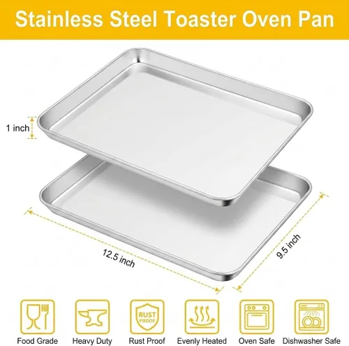 Miniatura 2 de TeamFar Juego de 2 sartenes para horno tostador, de acero inoxidable, 12.5 x 9.5 x 1 pulgadas, no tóxicas y saludables, sin óxido y acabado espejo