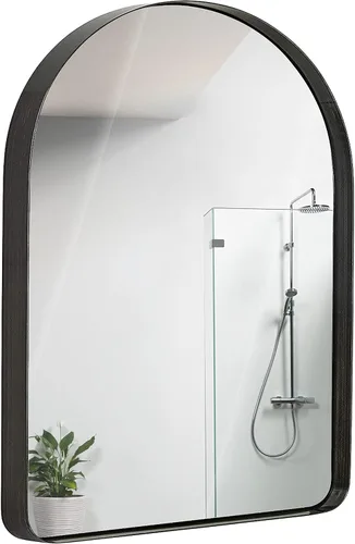 Hamilton Hills Espejo con marco de metal negro cepillado de 24 x 36 pulgadas, espejo colgante de pared, diseño de esquina superior arqueada, espejo