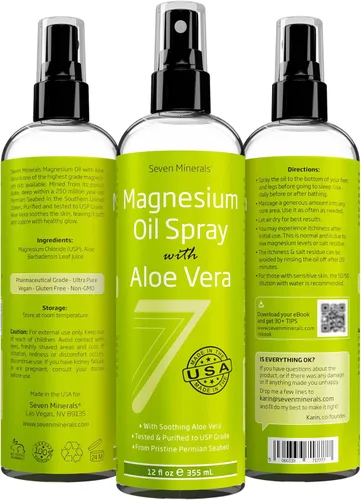 Miniatura 4 de Aceite de magnesio en spray con aloe vera para mejores resultados, 100% puro para un potente alivio del dolor muscular, síndrome de piernas