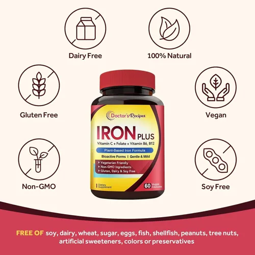 Miniatura 5 de Doctor's Recipes Suplemento de hierro para mujeres y hombres – Bisglicinato de hierro suave con vitamina C, B6, folato y B12, pastillas de hierro