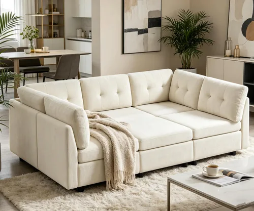 VANOMi Sofá modular modular con otomana, sofás seccionales de 5 plazas para sala de estar, cómodo sofá nube de felpilla para sala de estar, Blanco
