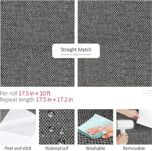 Miniatura 5 de ReWallpaper - Papel pintado de despegar y pegar de color gris oscuro moderno, de tela de hierba para paredes de baño y dormitorio, 17.5 pulgadas ×