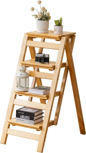 Miniatura 14 de Latifolia Escalera plegable de 3 escalones, taburete de madera con protector de suelo, estante decorativo para sala de estar, cocina, jardín (nogal)
