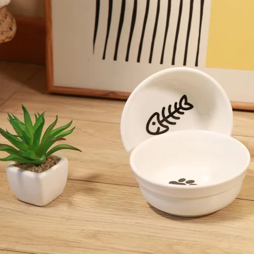 Miniatura 4 de COMESOON Cuenco de cerámica para gatos de 5 pulgadas con patrón de hueso de pescado, cuenco de comida para gatos para alimentos y agua, platos