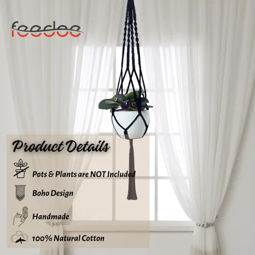 Miniatura 4 de Feedee Ganchos de macramé para plantas, paquete de 6, color negro, interior/exterior, algodón