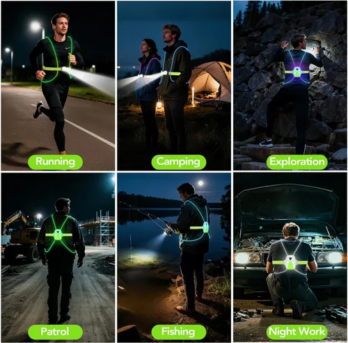Miniatura 8 de LED Reflective Running Vest Lights for Runners, Running Lights with Front Light, Safety USB Rechargeable Reflective Night Lights For Men/Women Verde