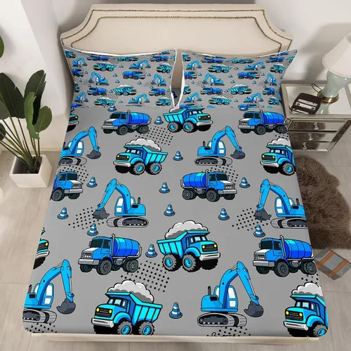 Miniatura 27 de Juego de sábanas bajeras ajustables para niños, diseño de caricaturas, camiones, tamaño individual, juegos de ropa de cama de excavadoras, camiones
