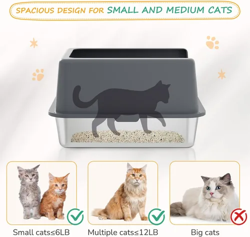 Miniatura 3 de Caja de arena para gatos de acero inoxidable, bandeja de arena de metal cubierta, bandejas de arena para gatos con lados altos, caja de arena