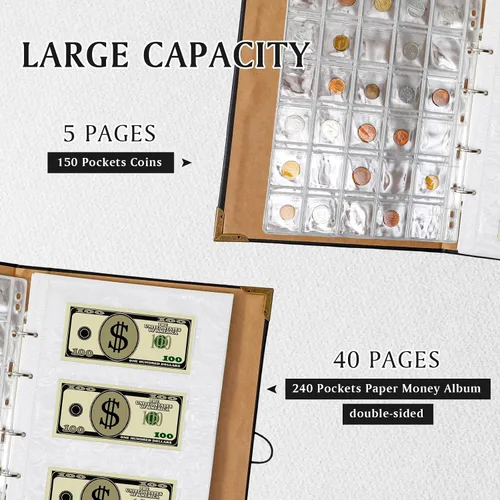 Miniatura 3 de Zonon Álbum de monedas para coleccionar monedas, soporte para libros con 150 bolsillos para monedas y 240 bolsillos de papel para monedas, de piel
